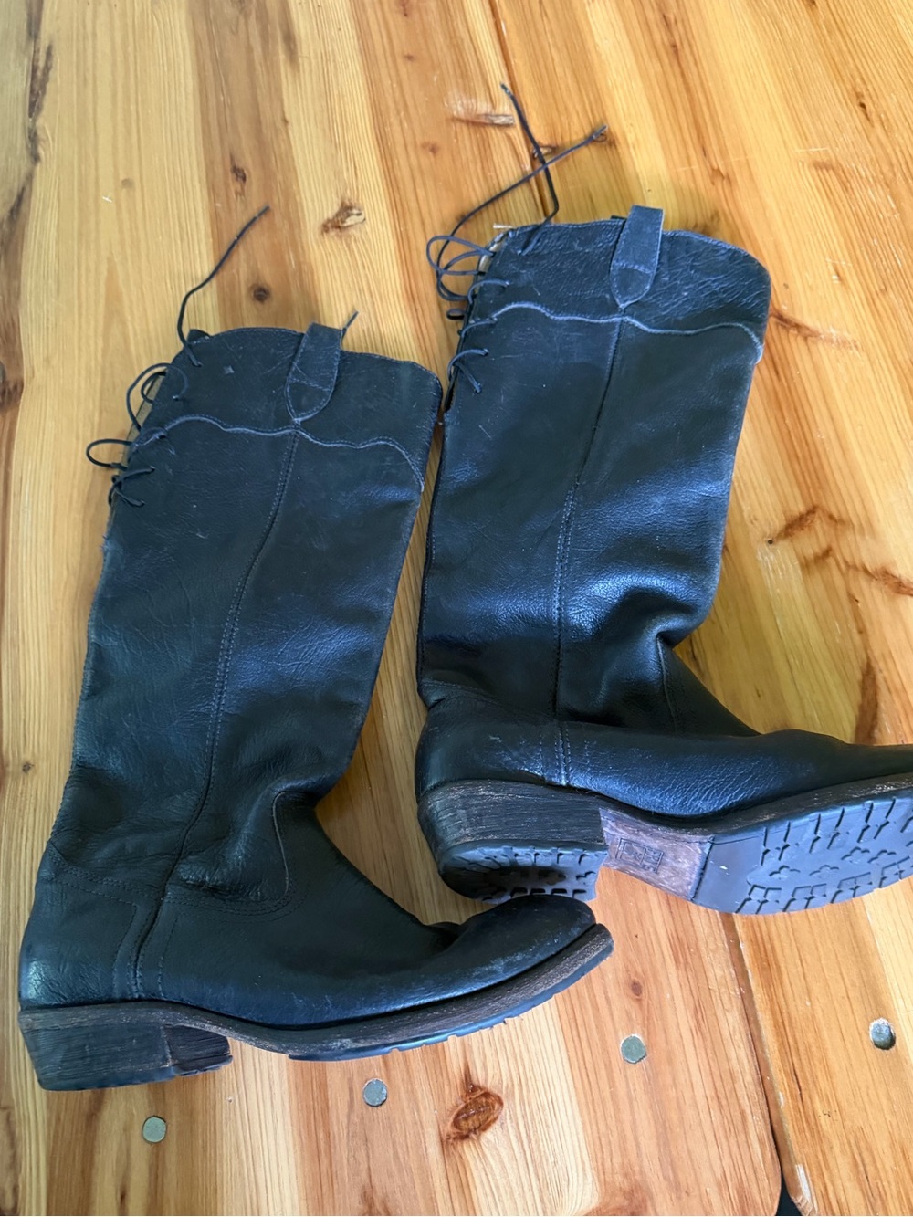 Frye Black Leather Custom Lace-Back Heeled Boots